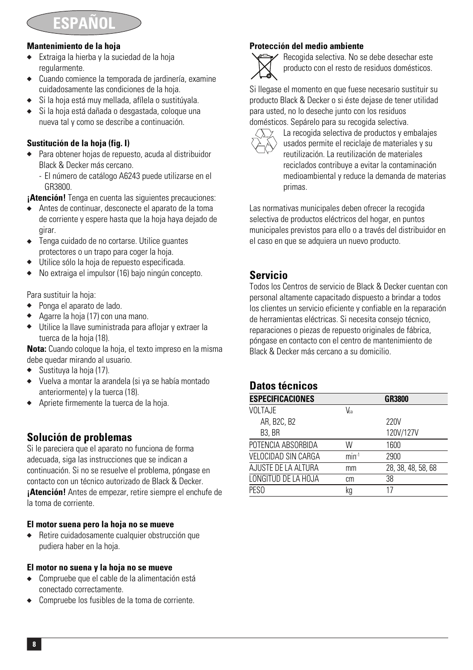 Español, Solución de problemas, Servicio | Datos técnicos | Black & Decker GR3800 User Manual | Page 8 / 17