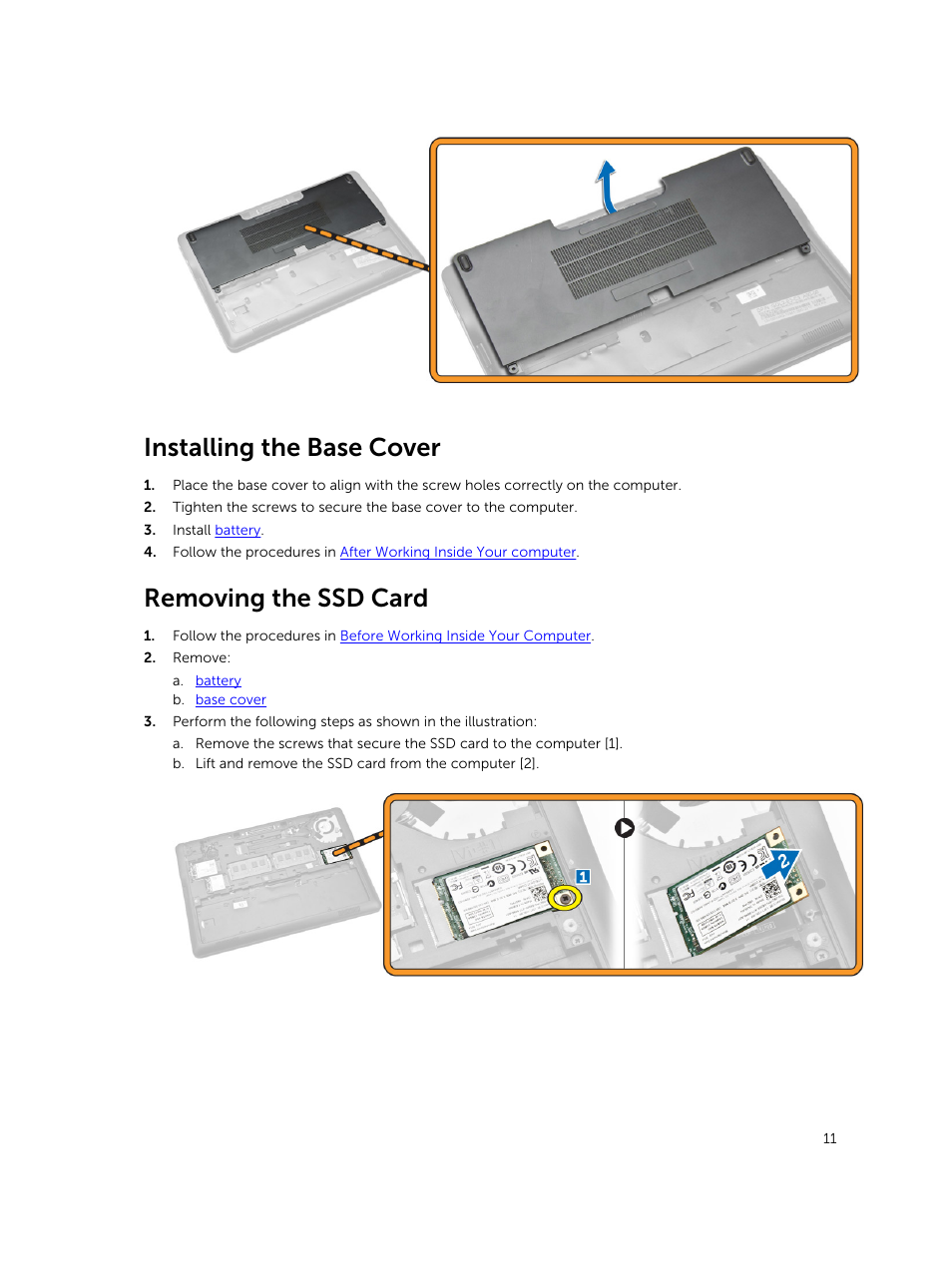 Installing the base cover, Removing the ssd card | Dell Latitude E7250/7250 (Late 2014) User Manual | Page 11 / 52