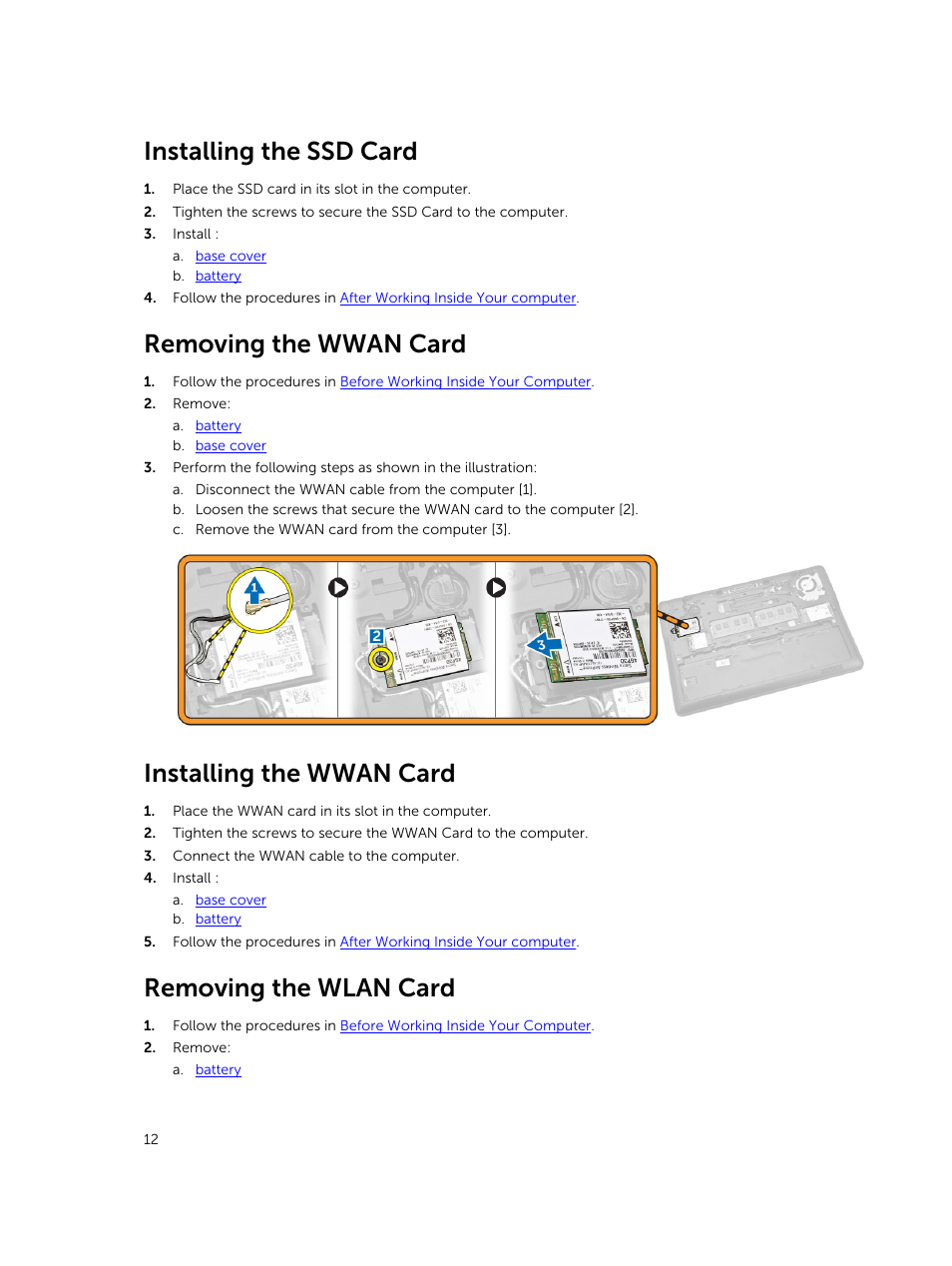 Installing the ssd card, Removing the wwan card, Installing the wwan card | Removing the wlan card | Dell Latitude E7250/7250 (Late 2014) User Manual | Page 12 / 52