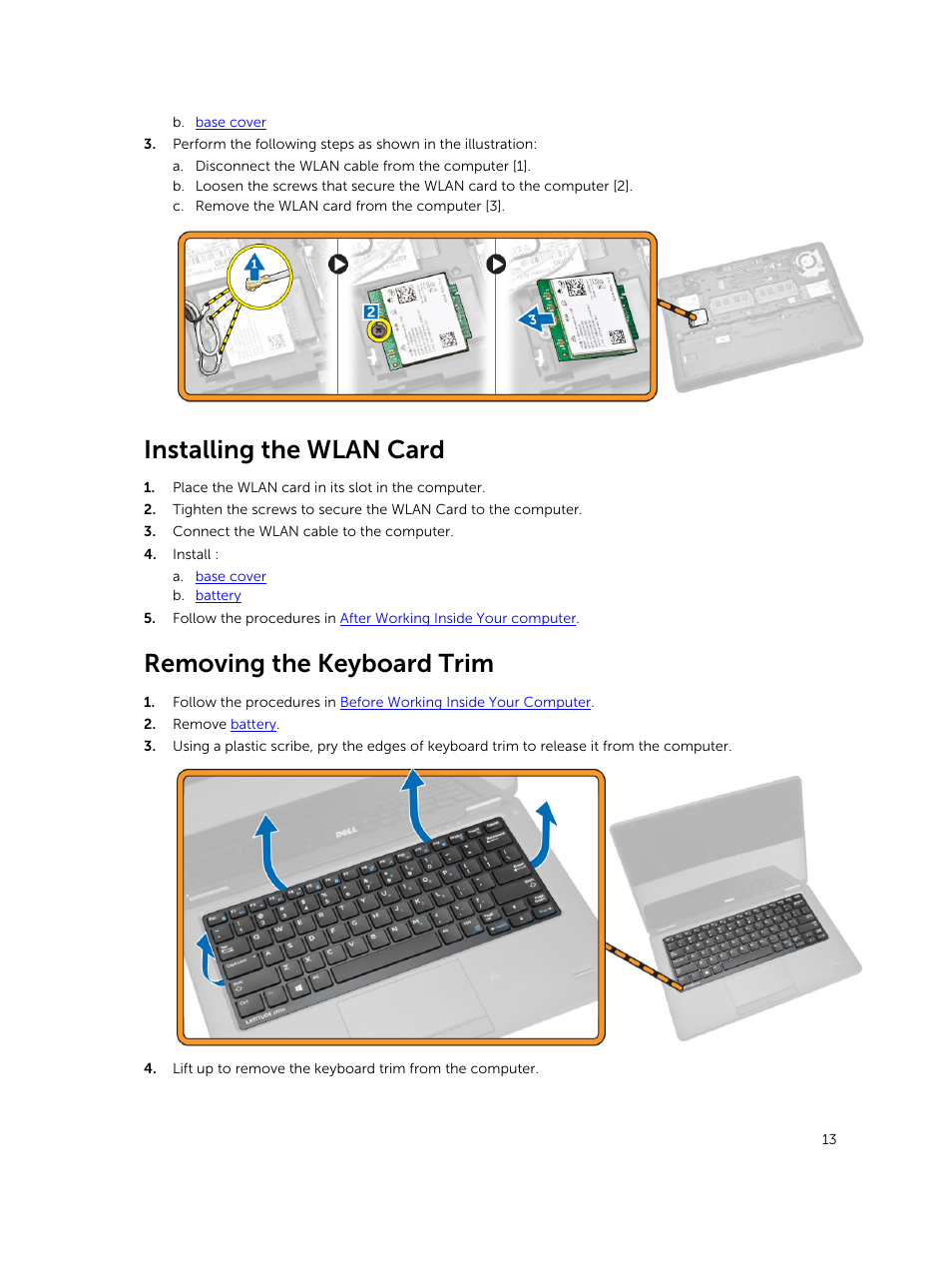 Installing the wlan card, Removing the keyboard trim | Dell Latitude E7250/7250 (Late 2014) User Manual | Page 13 / 52