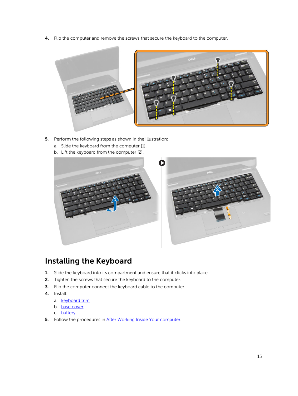 Installing the keyboard | Dell Latitude E7250/7250 (Late 2014) User Manual | Page 15 / 52