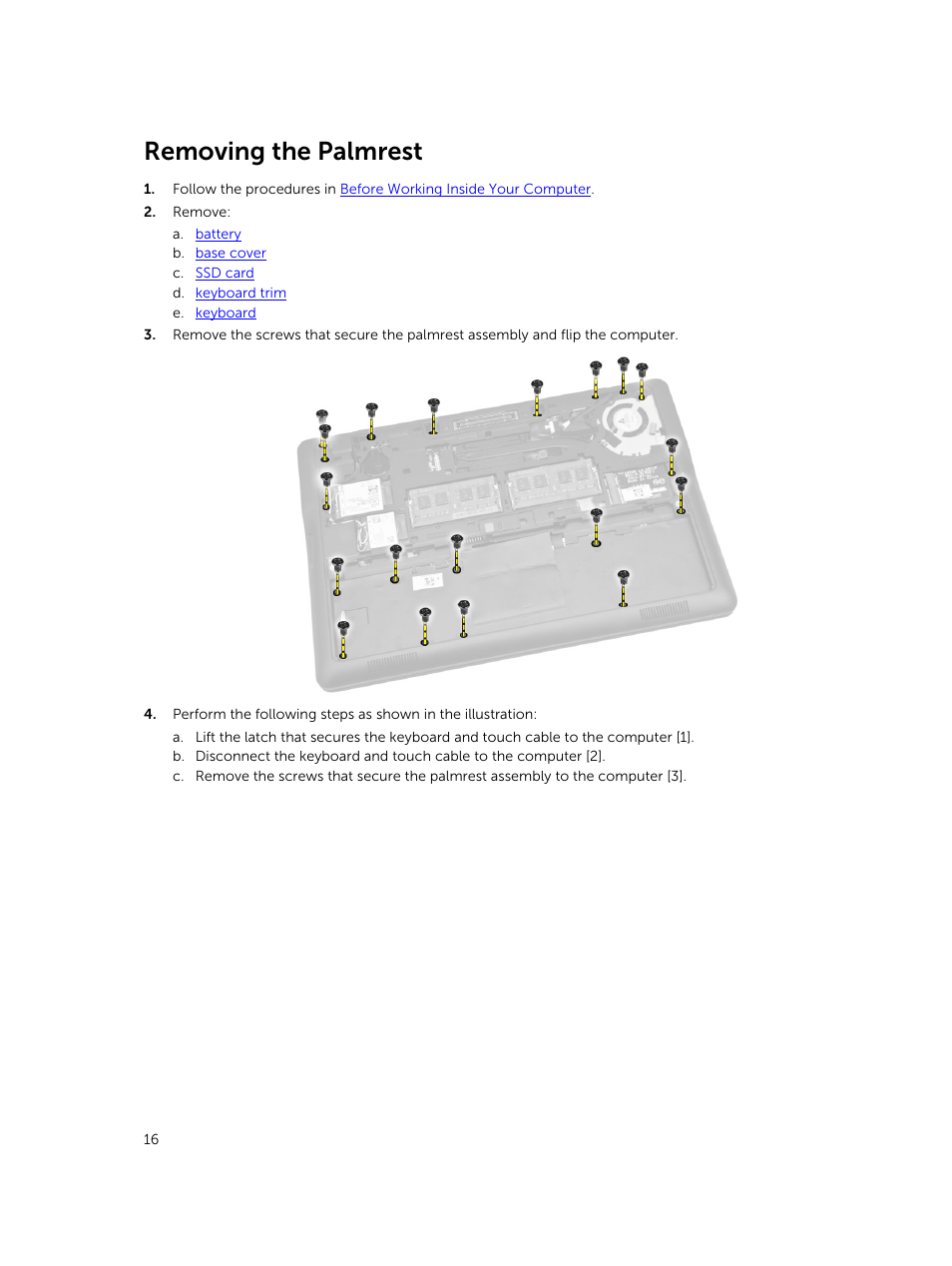 Removing the palmrest | Dell Latitude E7250/7250 (Late 2014) User Manual | Page 16 / 52