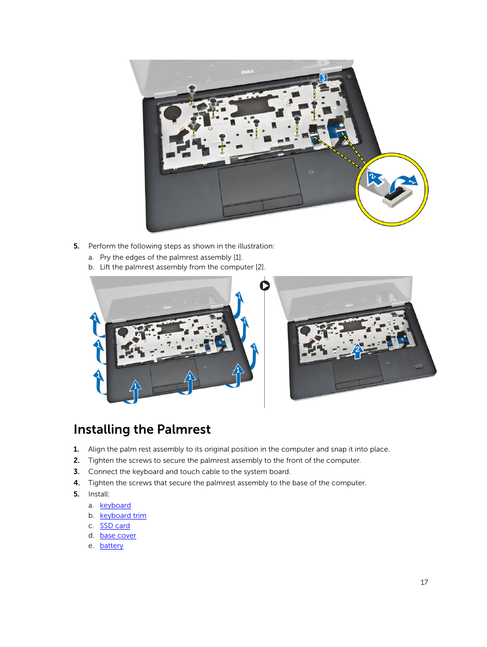 Installing the palmrest | Dell Latitude E7250/7250 (Late 2014) User Manual | Page 17 / 52