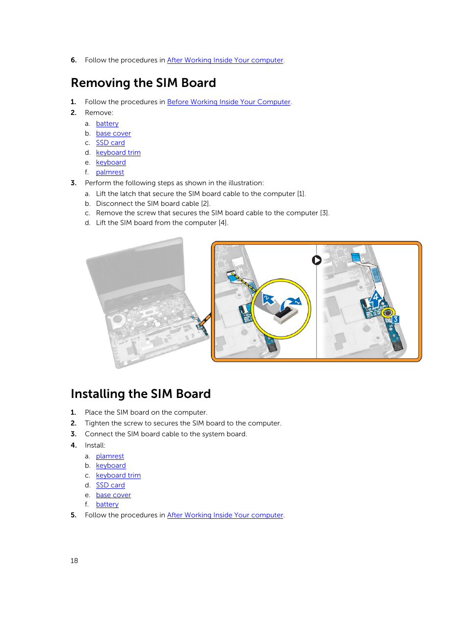 Removing the sim board, Installing the sim board | Dell Latitude E7250/7250 (Late 2014) User Manual | Page 18 / 52