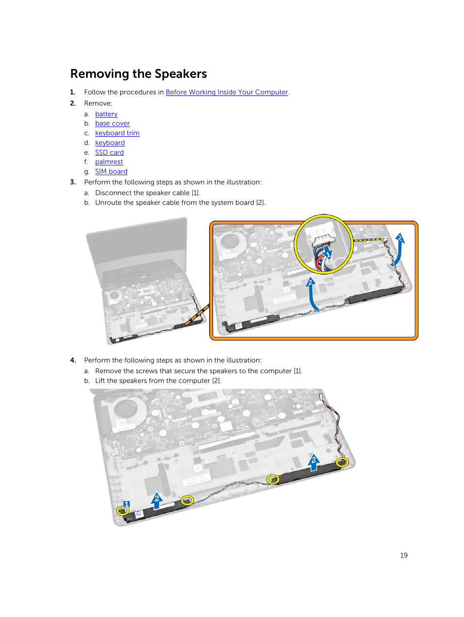 Removing the speakers | Dell Latitude E7250/7250 (Late 2014) User Manual | Page 19 / 52