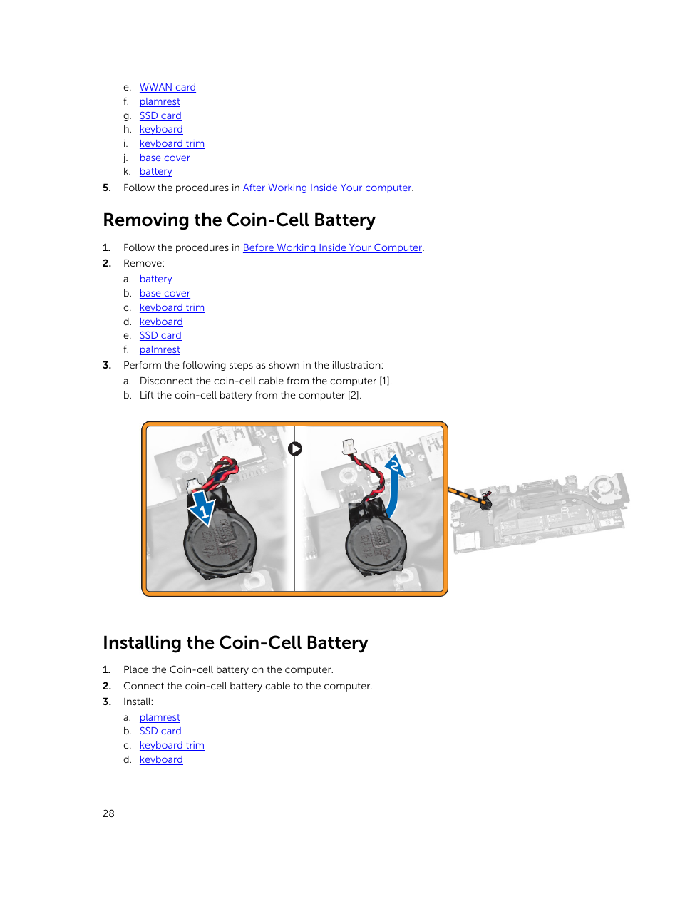 Removing the coin-cell battery, Installing the coin-cell battery | Dell Latitude E7250/7250 (Late 2014) User Manual | Page 28 / 52