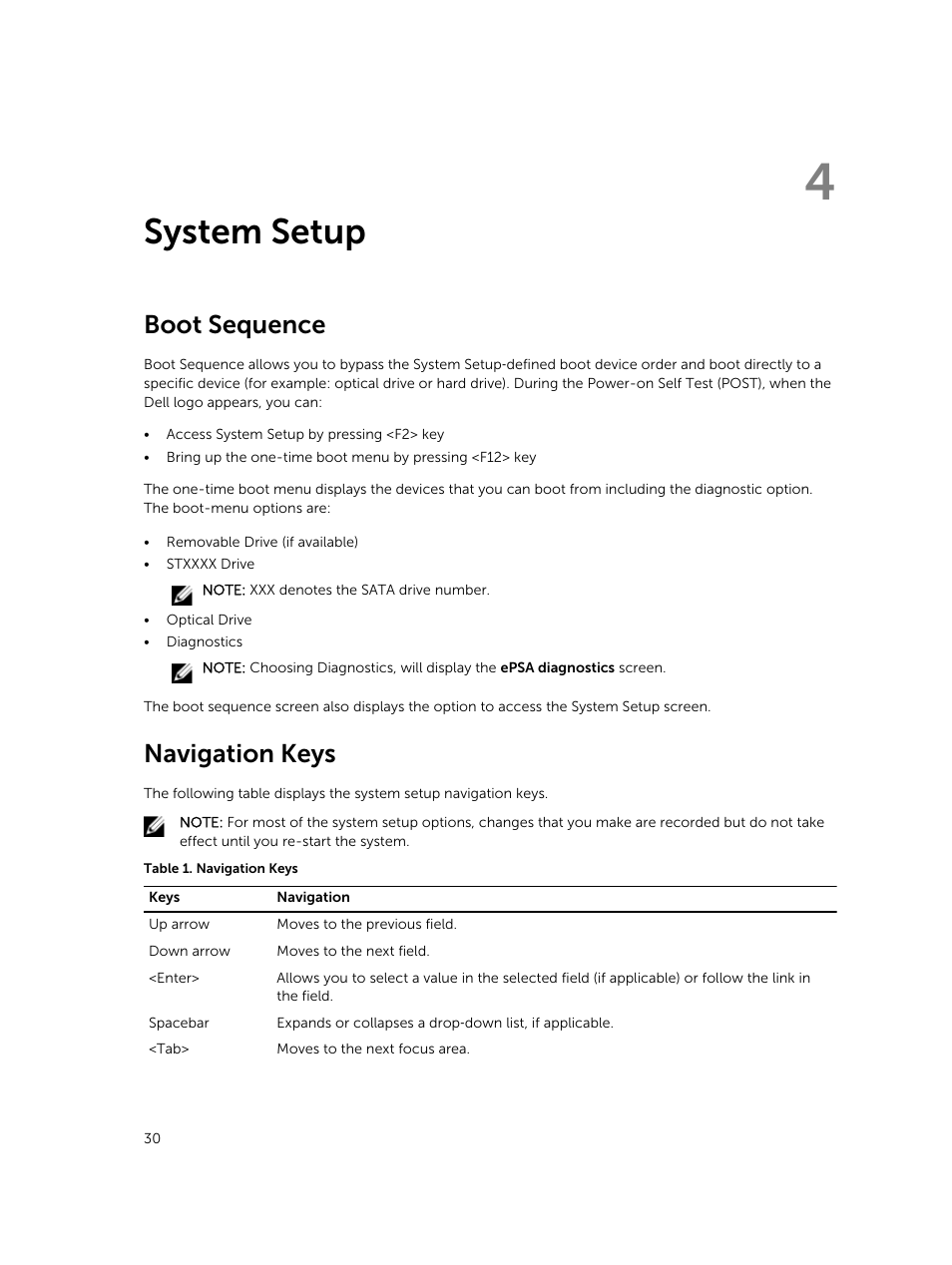 System setup, Boot sequence, Navigation keys | 4 system setup | Dell Latitude E7250/7250 (Late 2014) User Manual | Page 30 / 52