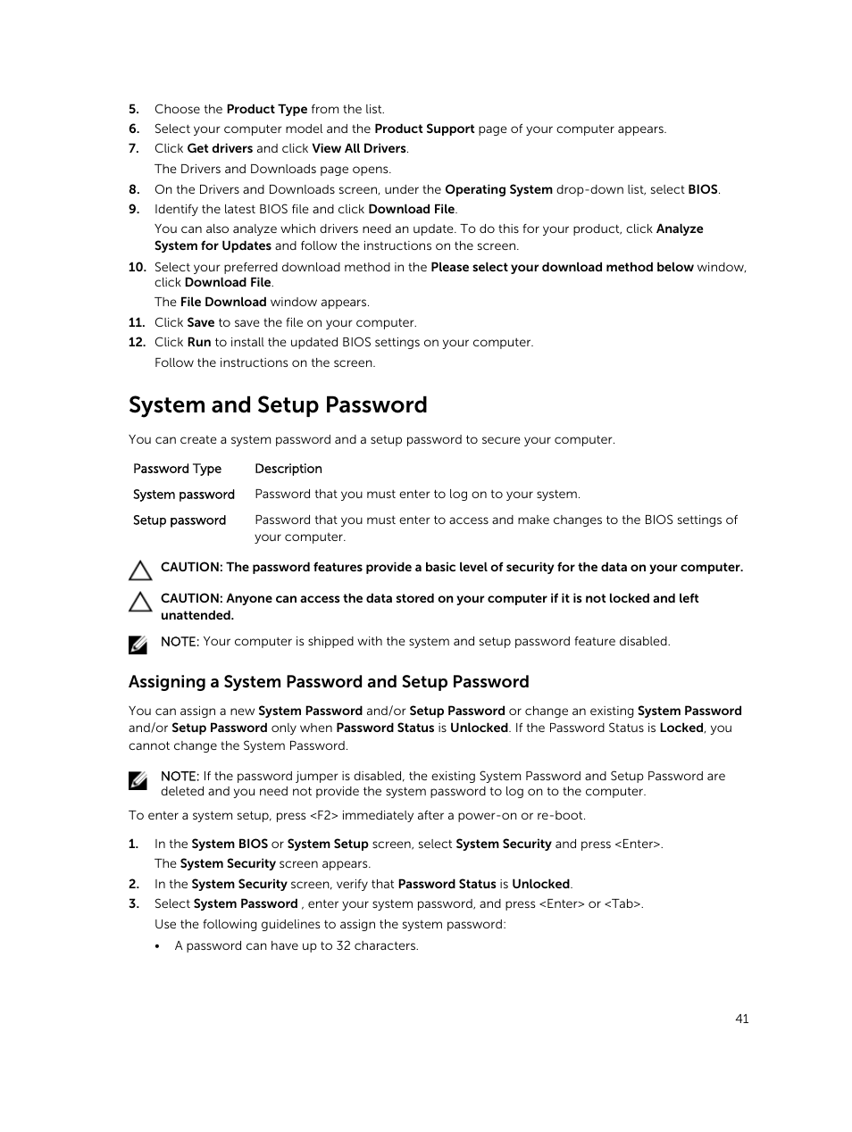 System and setup password, Assigning a system password and setup password | Dell Latitude E7250/7250 (Late 2014) User Manual | Page 41 / 52