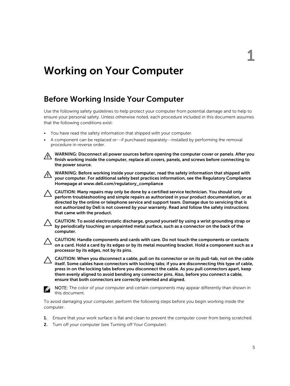 Working on your computer, Before working inside your computer, 1 working on your computer | Dell Latitude E7250/7250 (Late 2014) User Manual | Page 5 / 52