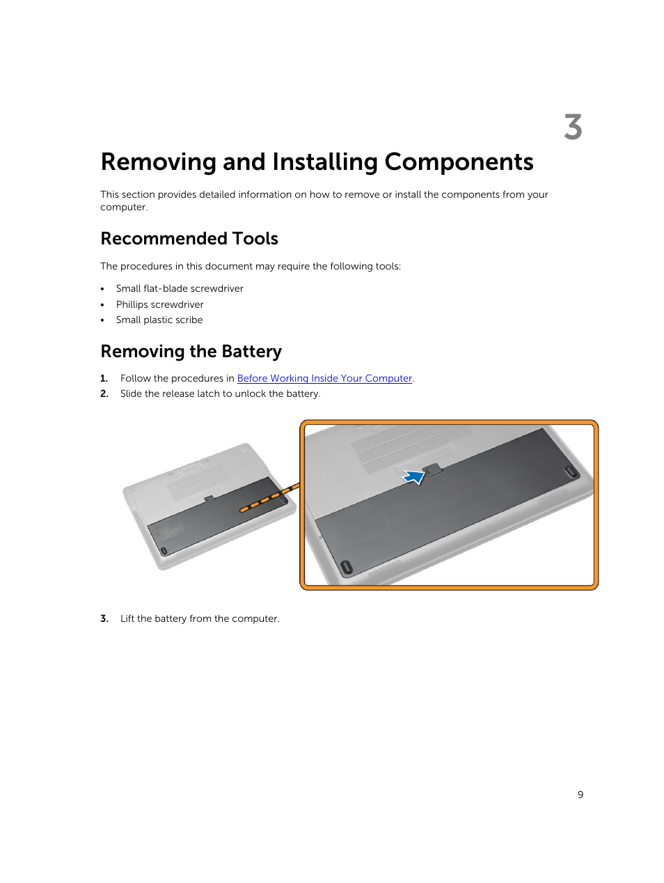 Removing and installing components, Recommended tools, Removing the battery | 3 removing and installing components | Dell Latitude E7250/7250 (Late 2014) User Manual | Page 9 / 52