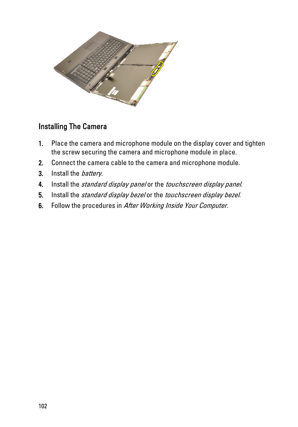 Installing the camera | Dell Precision M6600 (Mid 2011) User Manual | Page 102 / 136