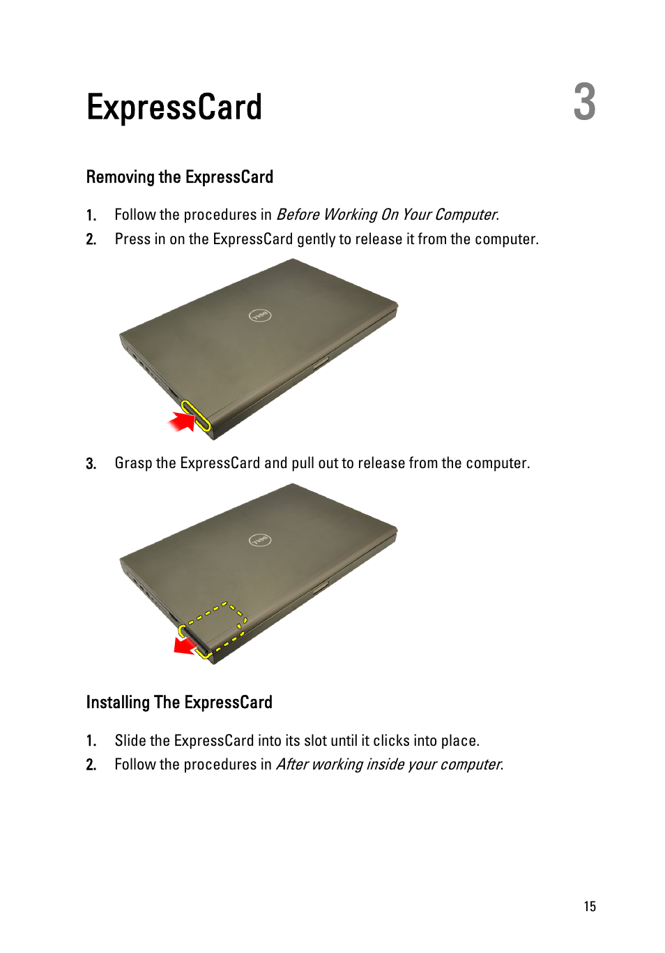 Expresscard, Removing the expresscard, Installing the expresscard | 3 expresscard | Dell Precision M6600 (Mid 2011) User Manual | Page 15 / 136