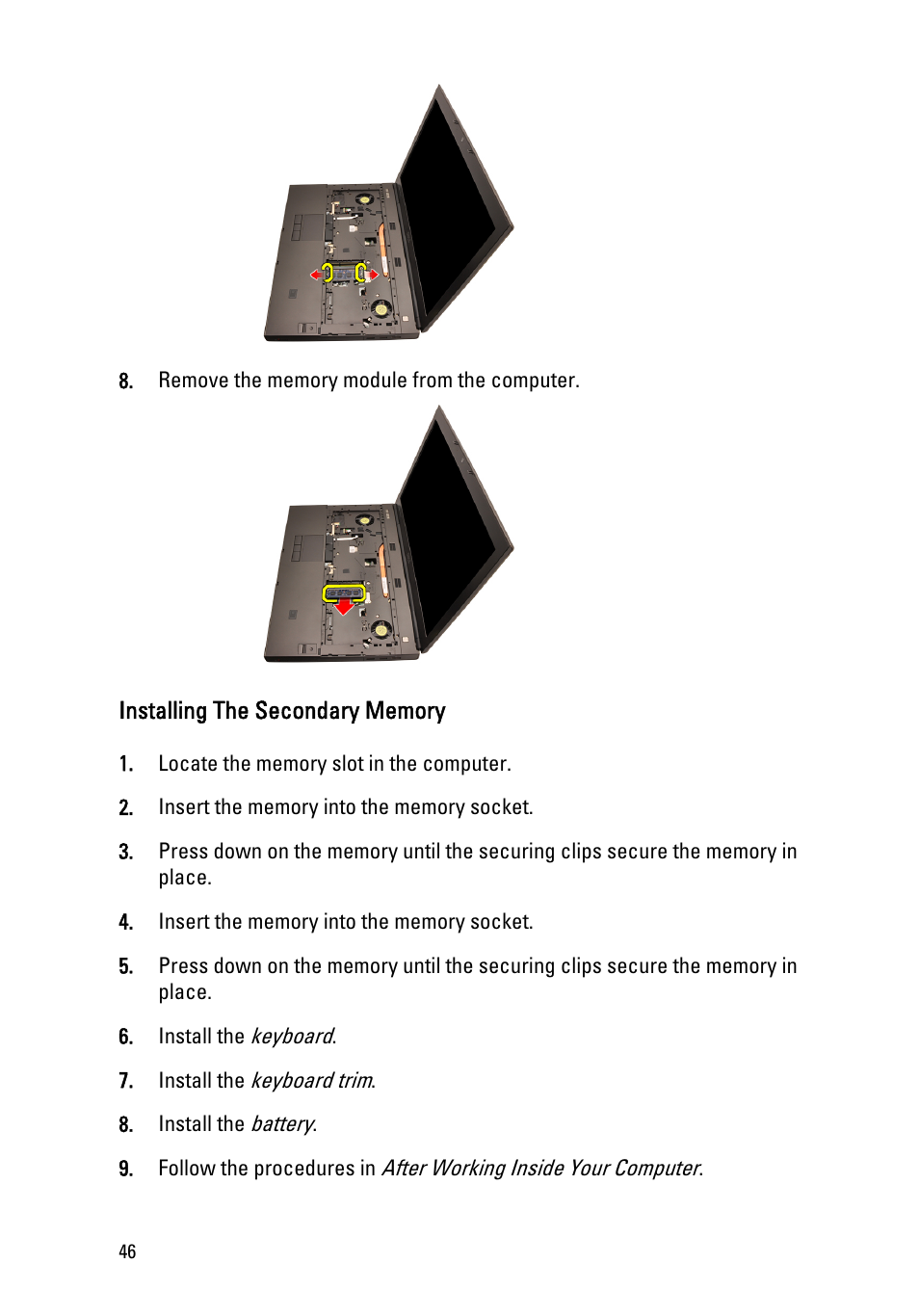 Installing the secondary memory | Dell Precision M6600 (Mid 2011) User Manual | Page 46 / 136