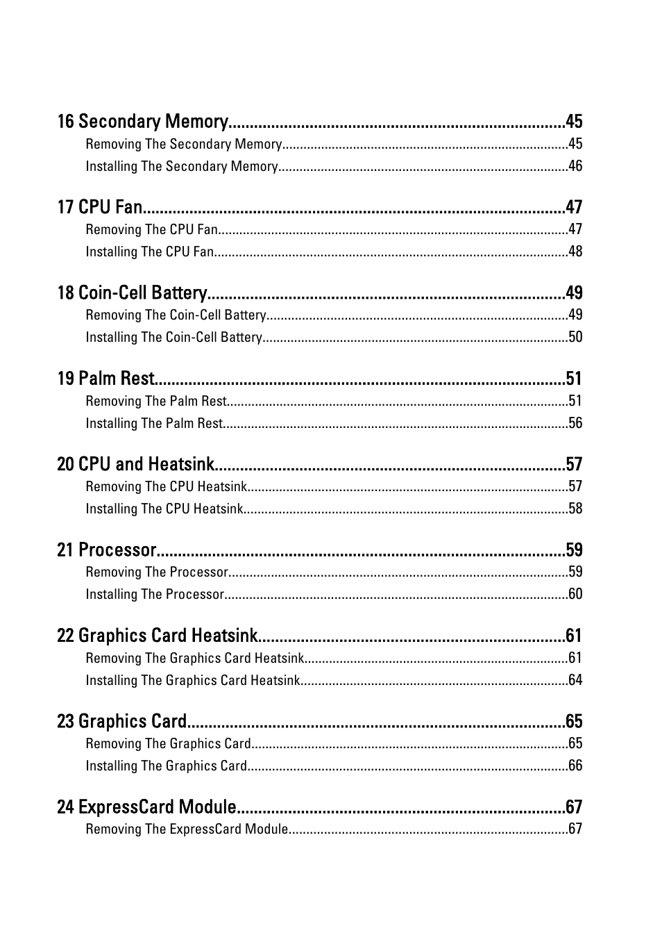 17 cpu fan, 18 coin-cell battery, 19 palm rest | 20 cpu and heatsink, 21 processor, 22 graphics card heatsink, 23 graphics card, 24 expresscard module | Dell Precision M6600 (Mid 2011) User Manual | Page 5 / 136