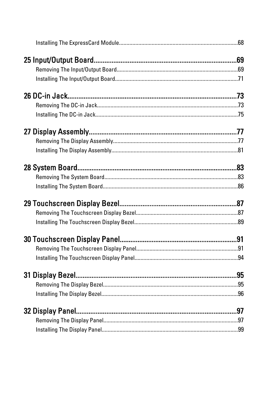 25 input/output board, 26 dc-in jack, 27 display assembly | 28 system board, 29 touchscreen display bezel, 30 touchscreen display panel, 31 display bezel, 32 display panel | Dell Precision M6600 (Mid 2011) User Manual | Page 6 / 136