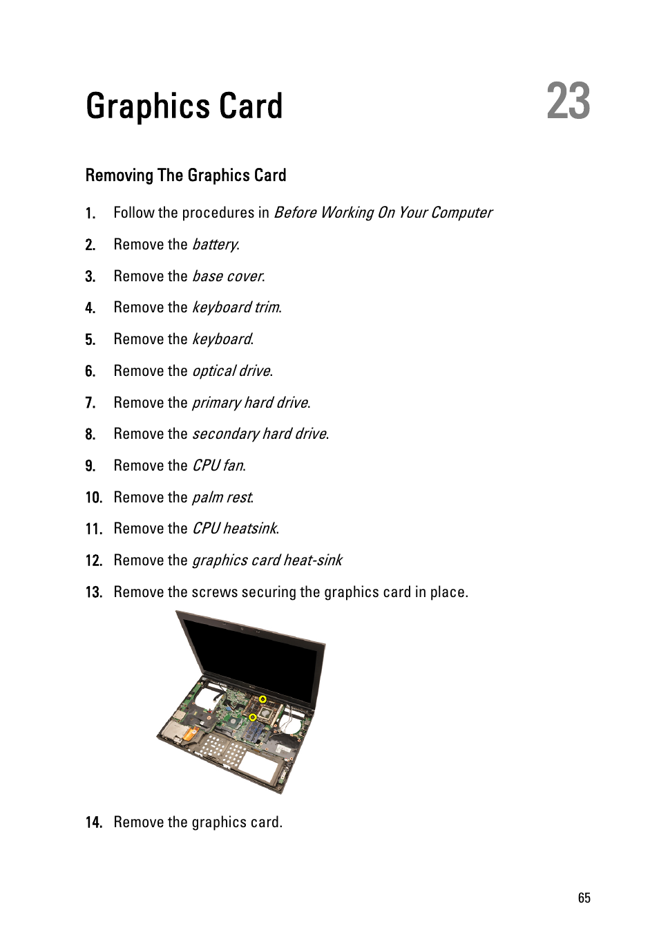 Graphics card, Removing the graphics card, 23 graphics card | Dell Precision M6600 (Mid 2011) User Manual | Page 65 / 136