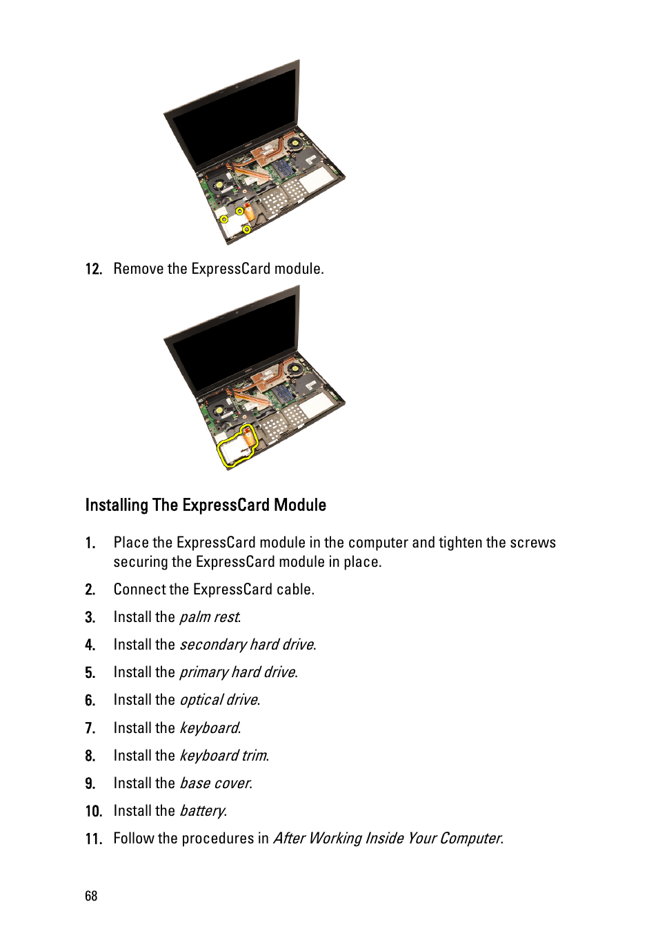 Installing the expresscard module | Dell Precision M6600 (Mid 2011) User Manual | Page 68 / 136