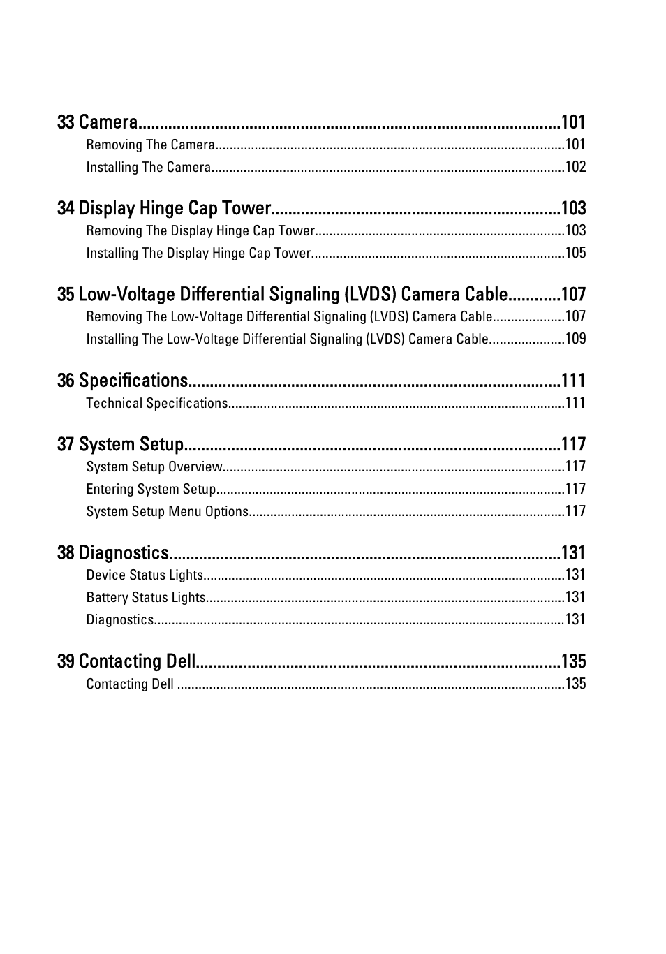 33 camera, 34 display hinge cap tower, 36 specifications | 37 system setup, 38 diagnostics, 39 contacting dell | Dell Precision M6600 (Mid 2011) User Manual | Page 7 / 136