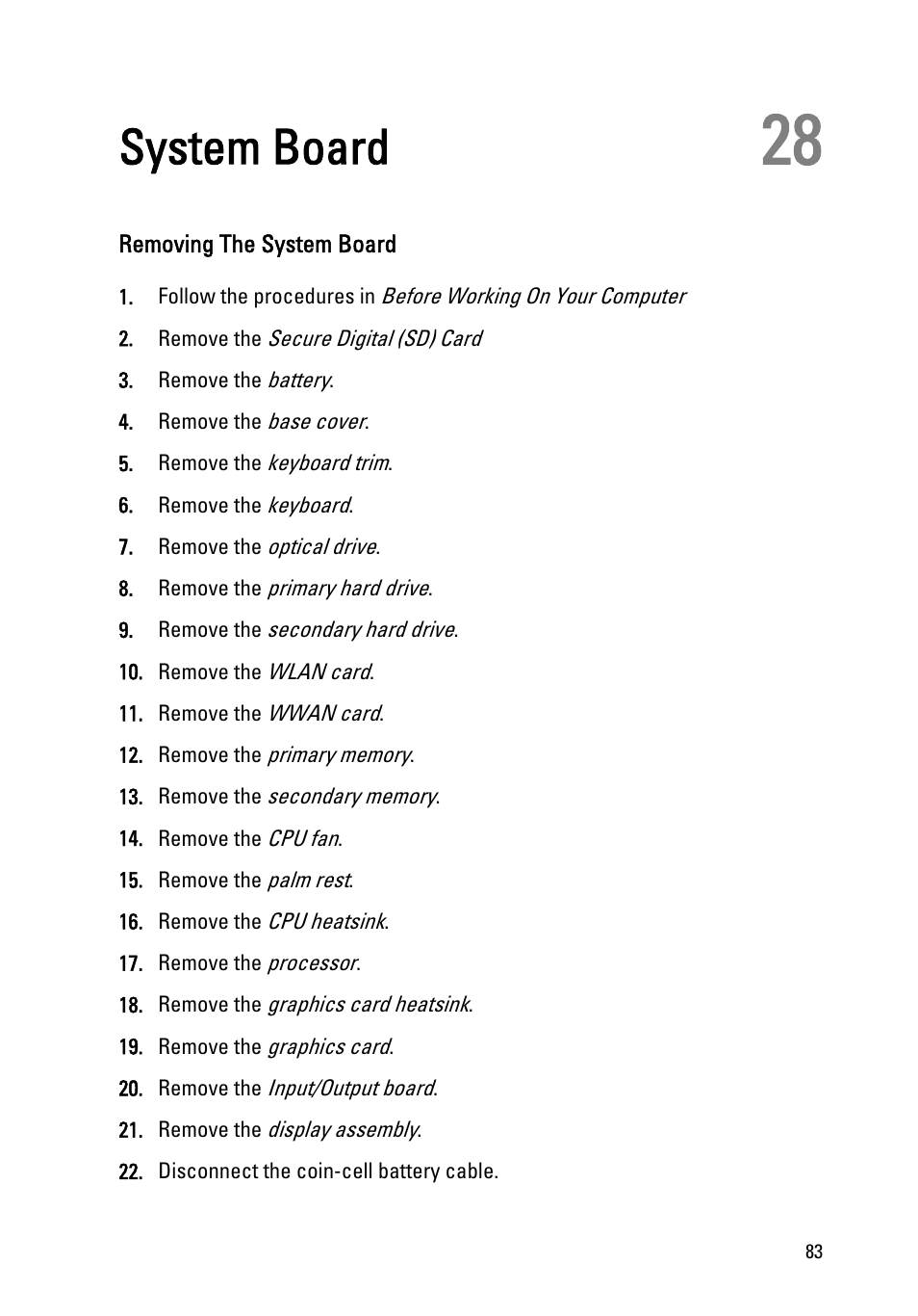 System board, Removing the system board, 28 system board | Dell Precision M6600 (Mid 2011) User Manual | Page 83 / 136