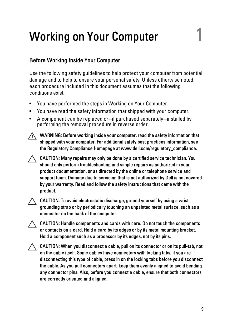 Working on your computer, Before working inside your computer, 1 working on your computer | Dell Precision M6600 (Mid 2011) User Manual | Page 9 / 136