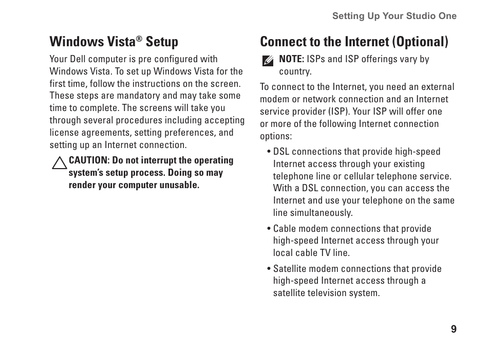 Windows vista® setup, Connect to the internet (optional), Windows vista | Setup | Dell Studio One 19 (1909, Early 2009) User Manual | Page 11 / 62