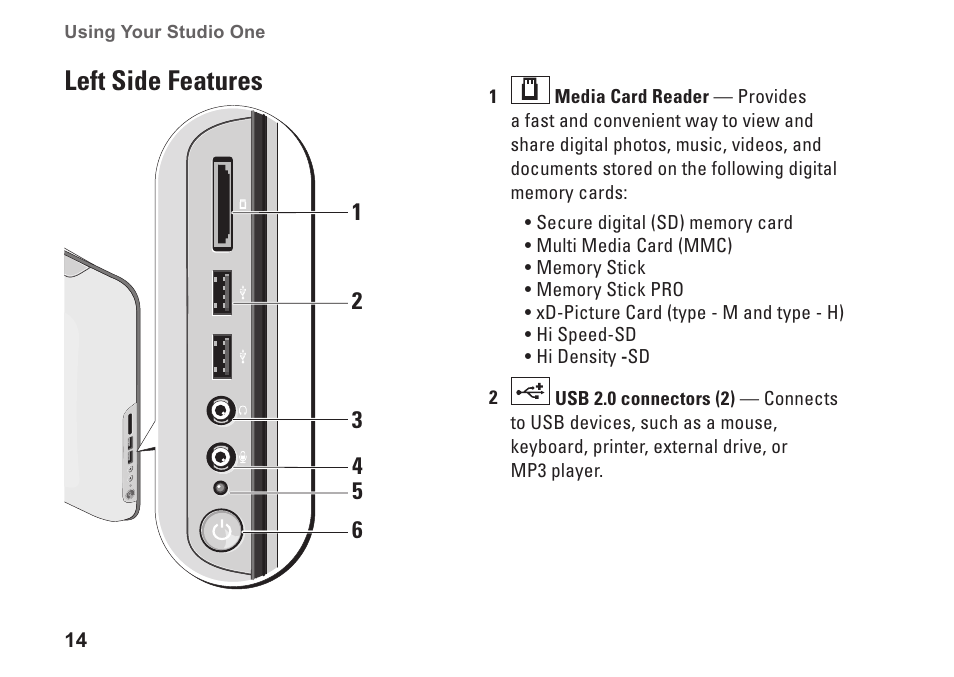 Left side features | Dell Studio One 19 (1909, Early 2009) User Manual | Page 16 / 62