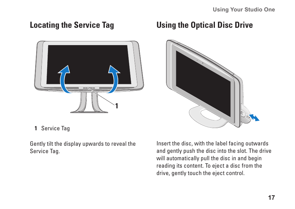 Locating the service tag, Using the optical disc drive | Dell Studio One 19 (1909, Early 2009) User Manual | Page 19 / 62