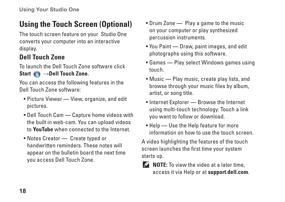 Using the touch screen (optional) | Dell Studio One 19 (1909, Early 2009) User Manual | Page 20 / 62