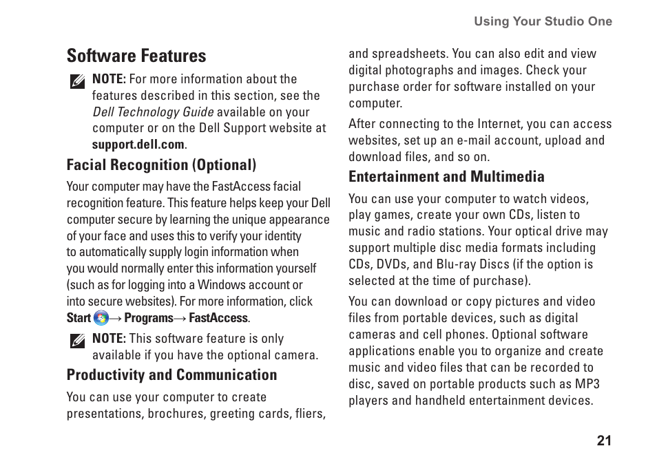Software features | Dell Studio One 19 (1909, Early 2009) User Manual | Page 23 / 62