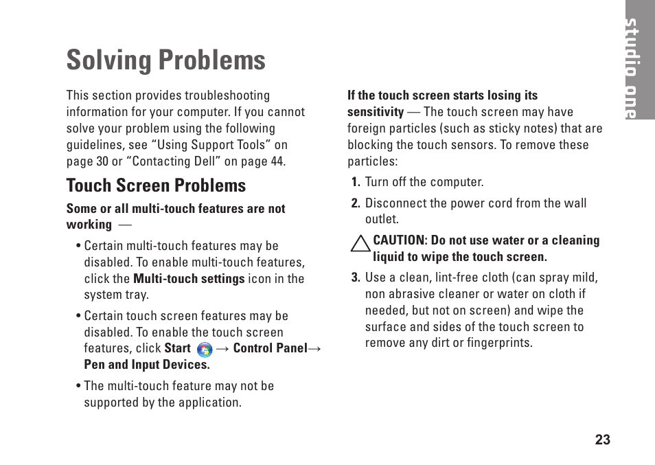 Solving problems, Touch screen problems | Dell Studio One 19 (1909, Early 2009) User Manual | Page 25 / 62