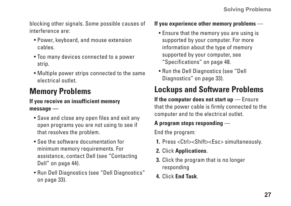Memory problems, Lockups and software problems, Memory problems lockups and software problems | Dell Studio One 19 (1909, Early 2009) User Manual | Page 29 / 62