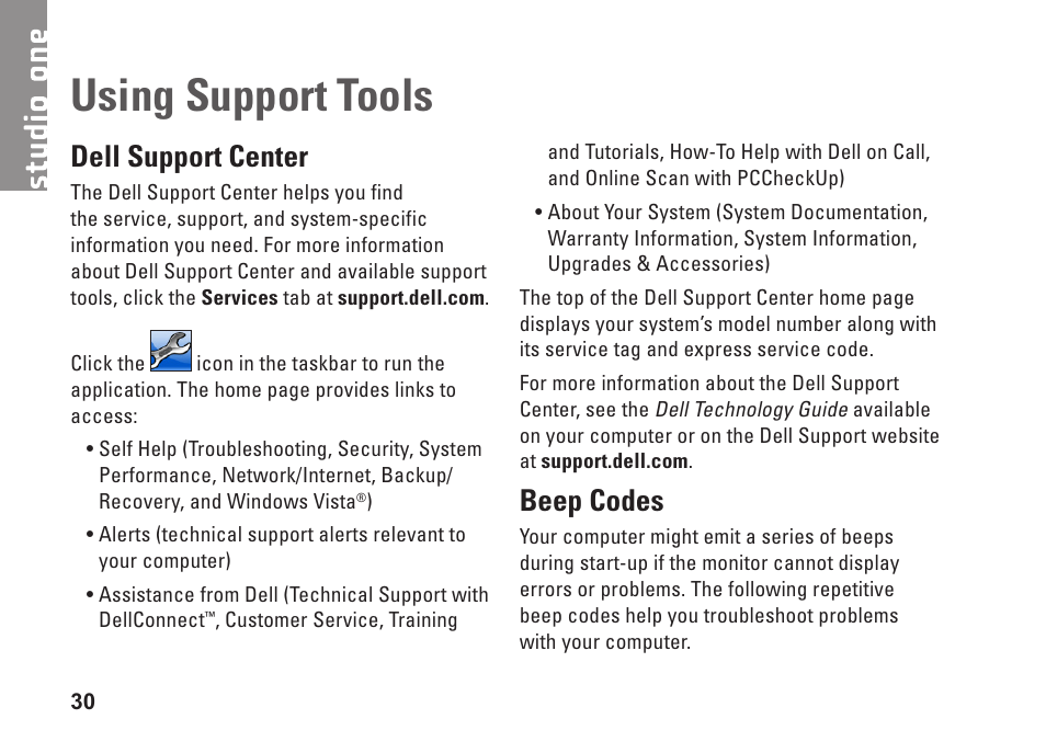 Using support tools, Dell support center, Beep codes | Dell support center beep codes | Dell Studio One 19 (1909, Early 2009) User Manual | Page 32 / 62