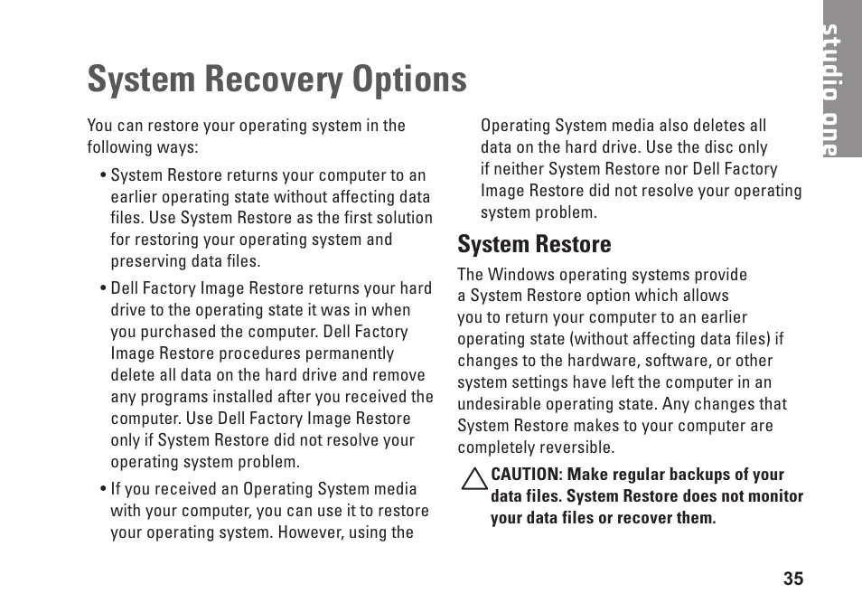 System recovery options, System restore | Dell Studio One 19 (1909, Early 2009) User Manual | Page 37 / 62