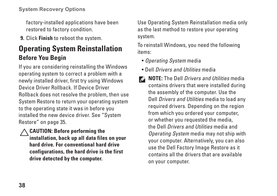 Operating system reinstallation | Dell Studio One 19 (1909, Early 2009) User Manual | Page 40 / 62