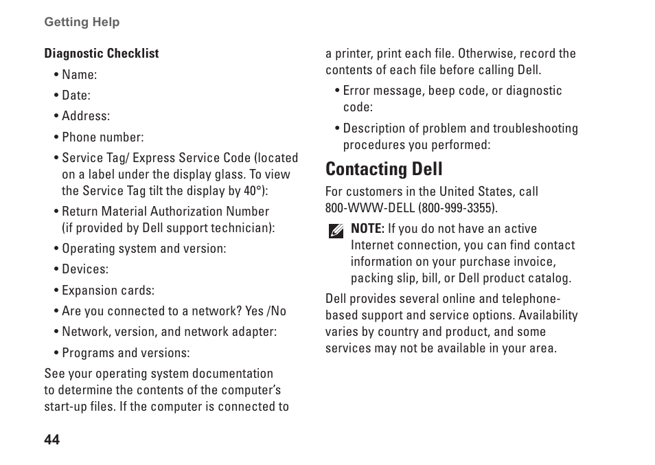 Contacting dell, 44 for assistance | Dell Studio One 19 (1909, Early 2009) User Manual | Page 46 / 62