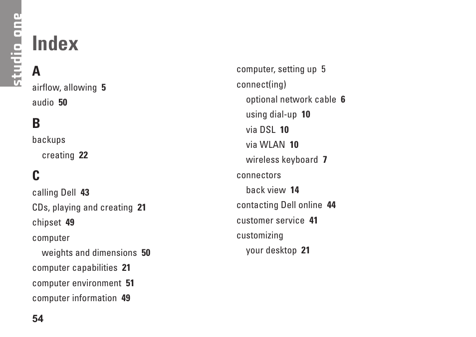 Index | Dell Studio One 19 (1909, Early 2009) User Manual | Page 56 / 62