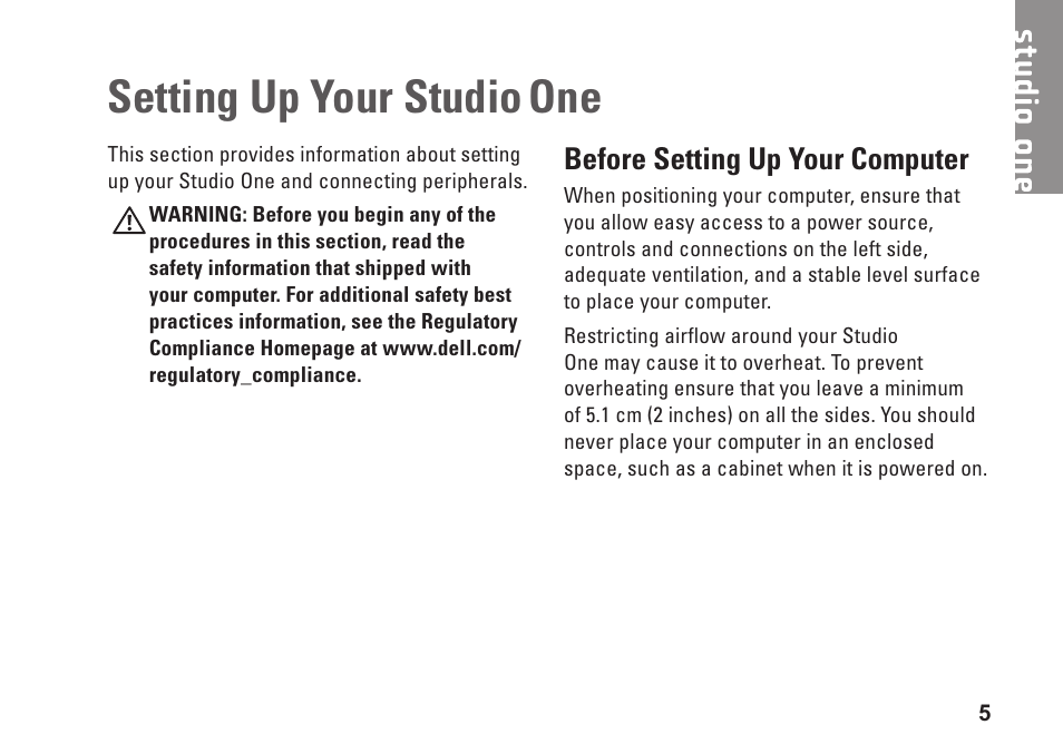 Setting up your studio one, Before setting up your computer, Setting up your studio | Dell Studio One 19 (1909, Early 2009) User Manual | Page 7 / 62