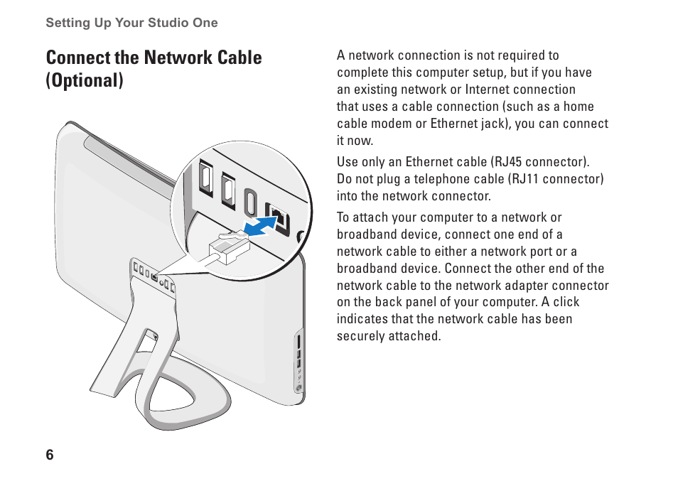 Connect the network cable (optional) | Dell Studio One 19 (1909, Early 2009) User Manual | Page 8 / 62