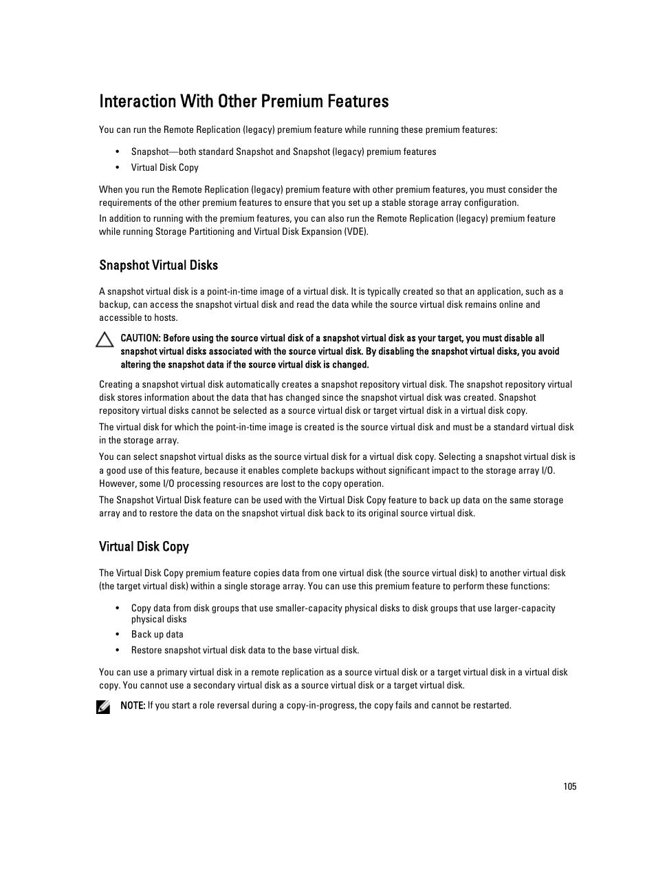 Interaction with other premium features, Snapshot virtual disks, Virtual disk copy | Dell PowerVault MD3260i User Manual | Page 105 / 388