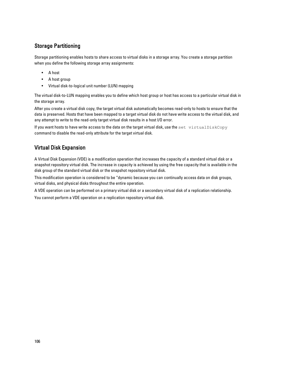 Storage partitioning, Virtual disk expansion | Dell PowerVault MD3260i User Manual | Page 106 / 388