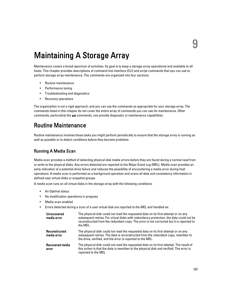 Maintaining a storage array, Routine maintenance, Running a media scan | 9 maintaining a storage array | Dell PowerVault MD3260i User Manual | Page 107 / 388