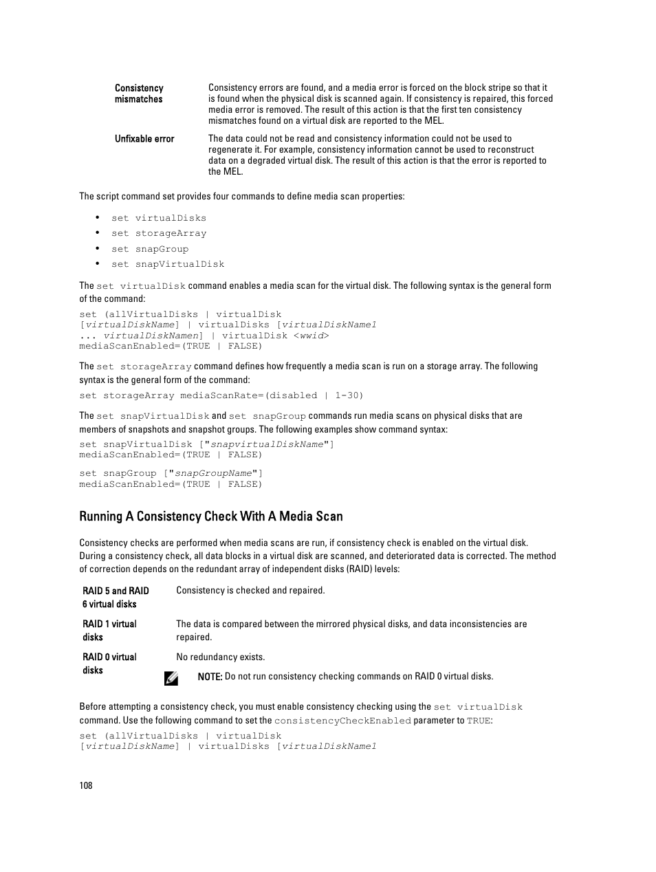 Running a consistency check with a media scan | Dell PowerVault MD3260i User Manual | Page 108 / 388