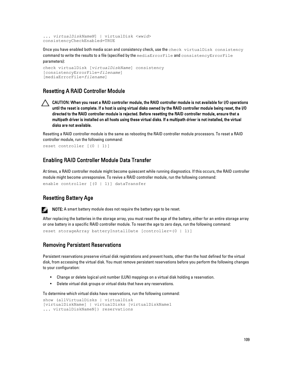 Resetting a raid controller module, Enabling raid controller module data transfer, Resetting battery age | Removing persistent reservations | Dell PowerVault MD3260i User Manual | Page 109 / 388