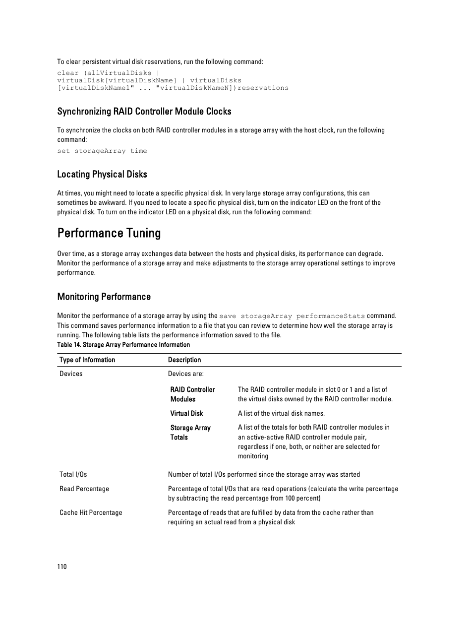 Synchronizing raid controller module clocks, Locating physical disks, Performance tuning | Monitoring performance | Dell PowerVault MD3260i User Manual | Page 110 / 388