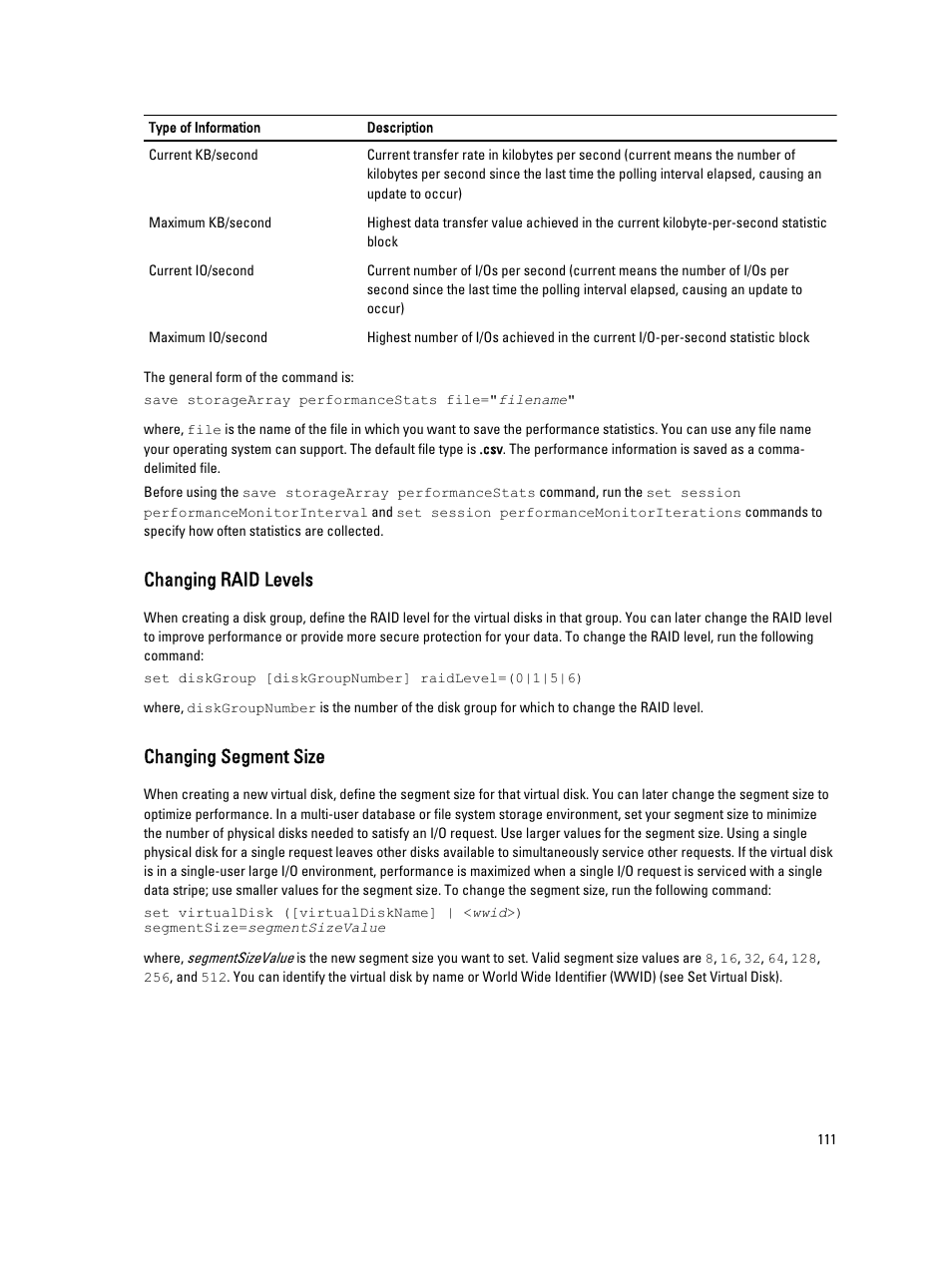 Changing raid levels, Changing segment size | Dell PowerVault MD3260i User Manual | Page 111 / 388