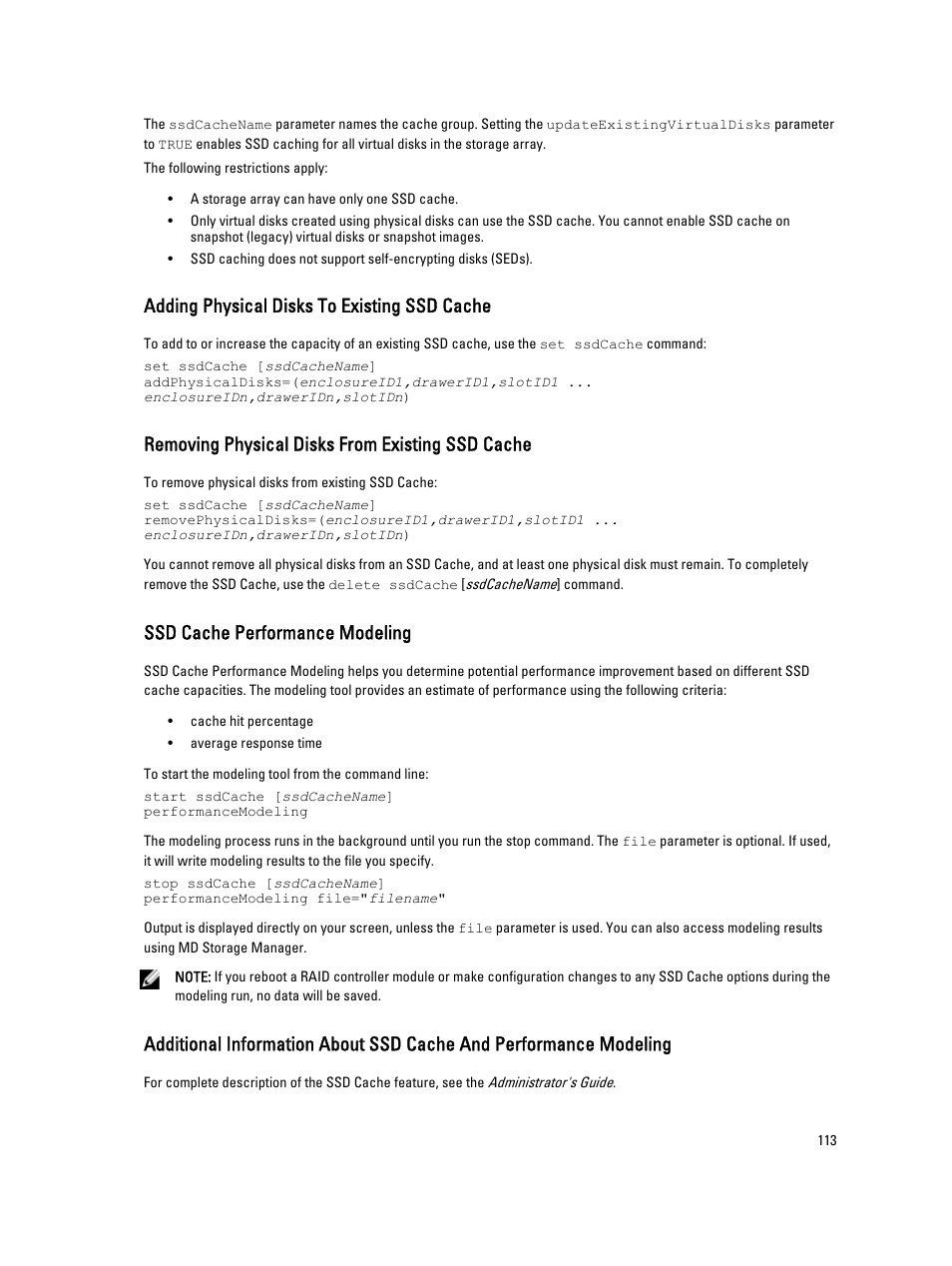 Adding physical disks to existing ssd cache, Removing physical disks from existing ssd cache, Ssd cache performance modeling | Dell PowerVault MD3260i User Manual | Page 113 / 388