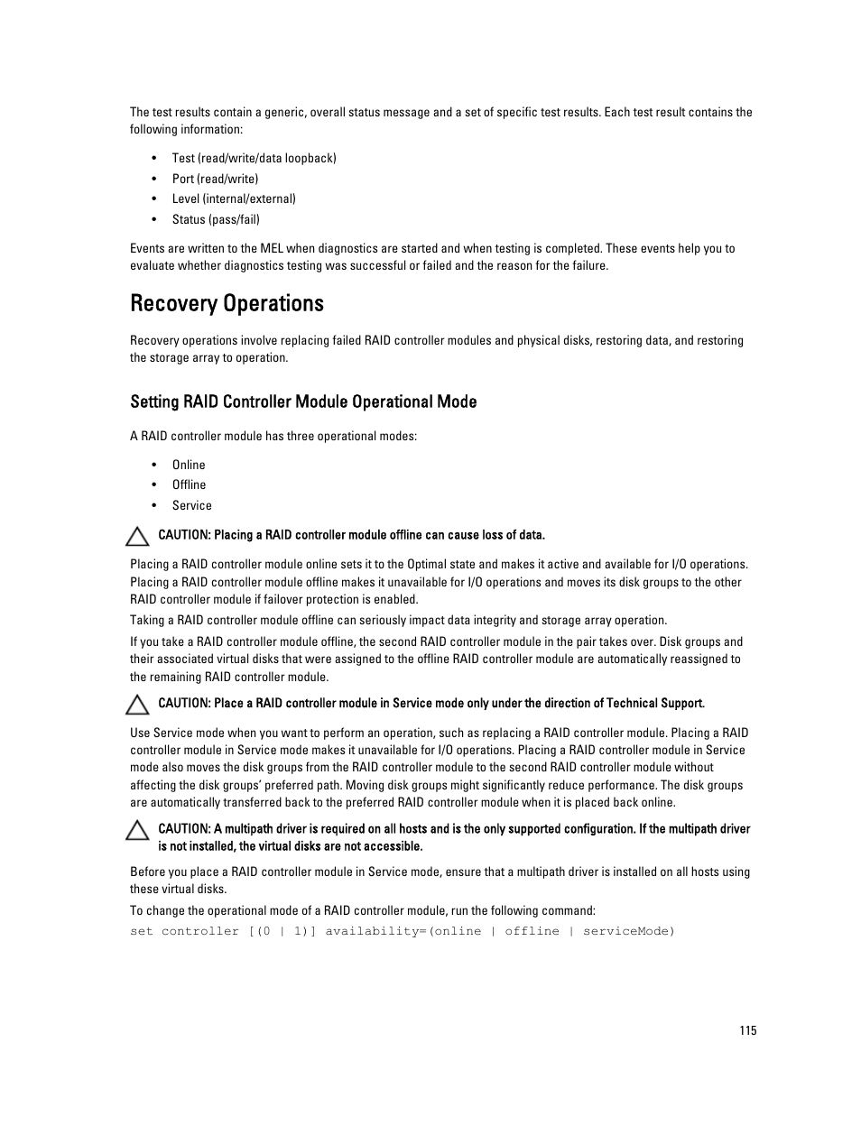 Recovery operations, Setting raid controller module operational mode | Dell PowerVault MD3260i User Manual | Page 115 / 388
