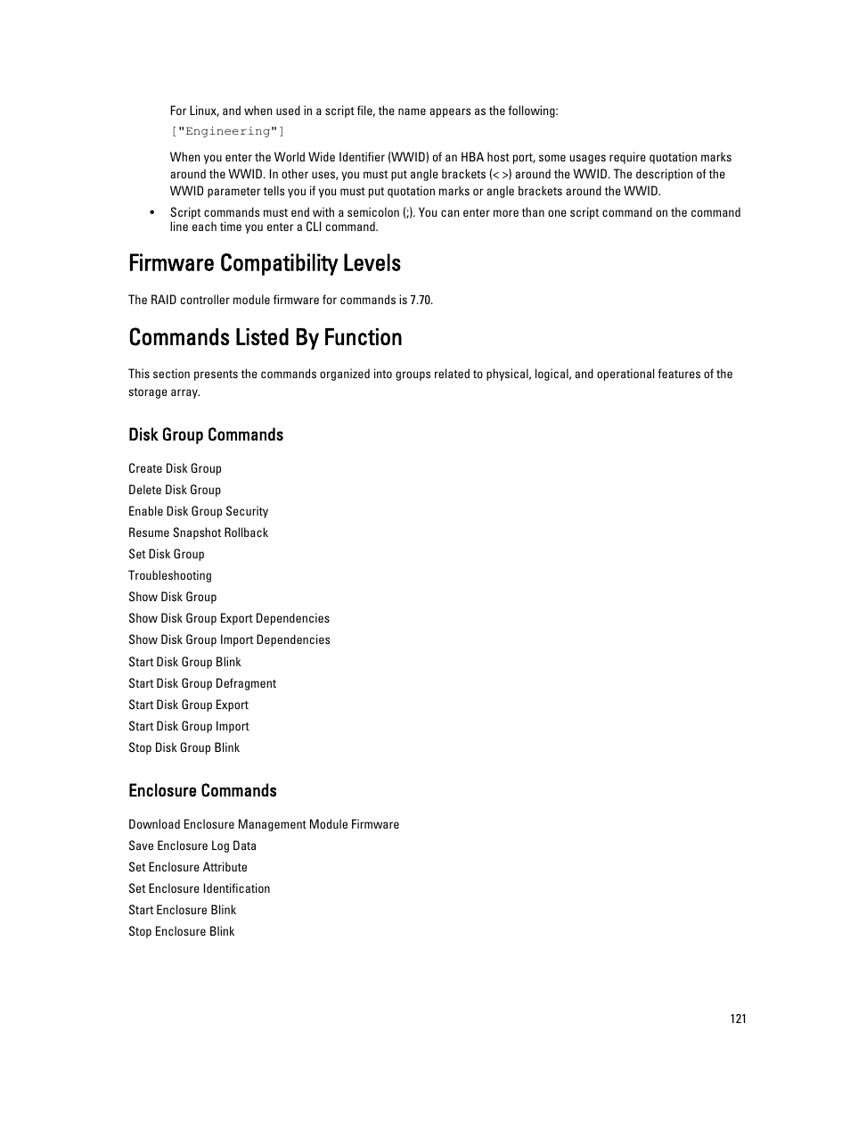 Firmware compatibility levels, Commands listed by function, Disk group commands | Enclosure commands | Dell PowerVault MD3260i User Manual | Page 121 / 388