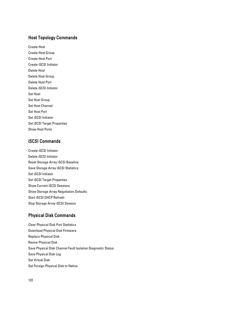 Host topology commands, Iscsi commands, Physical disk commands | Dell PowerVault MD3260i User Manual | Page 122 / 388