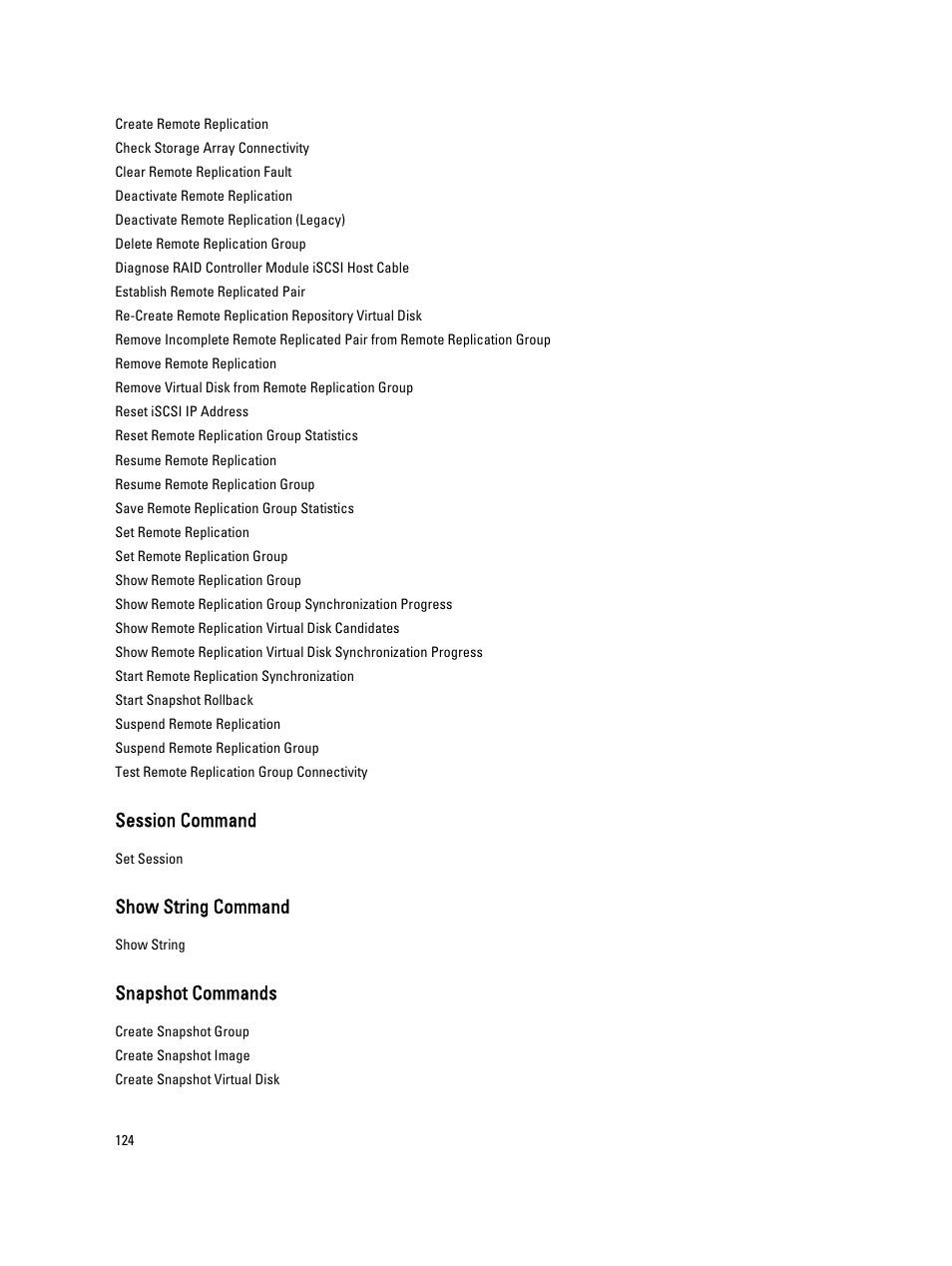 Session command, Show string command, Snapshot commands | Dell PowerVault MD3260i User Manual | Page 124 / 388
